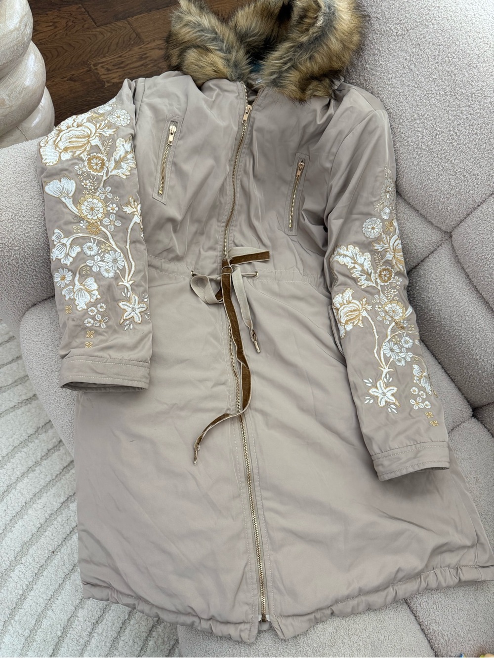 Glamorous Taupe Embroidered Faux-Fur Hood Trench Coat